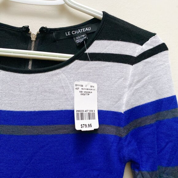 NWT Le Chateau Blue Black Striped 3/4 Sleeve Rib Knit Midi Bodycon Dress - Picture 4 of 5